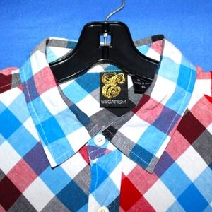 Escapism Plaid Short Sleeve Button-Up Shirt - Men's Size XL - Red, Blue, Black